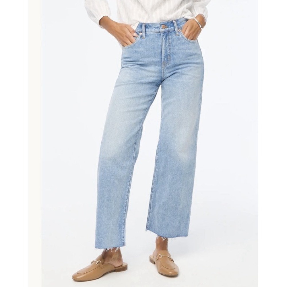 J.Crew Wide Leg Crop Jeans Women 29P Petite Blue Raw Hem High Rise Denim BX562